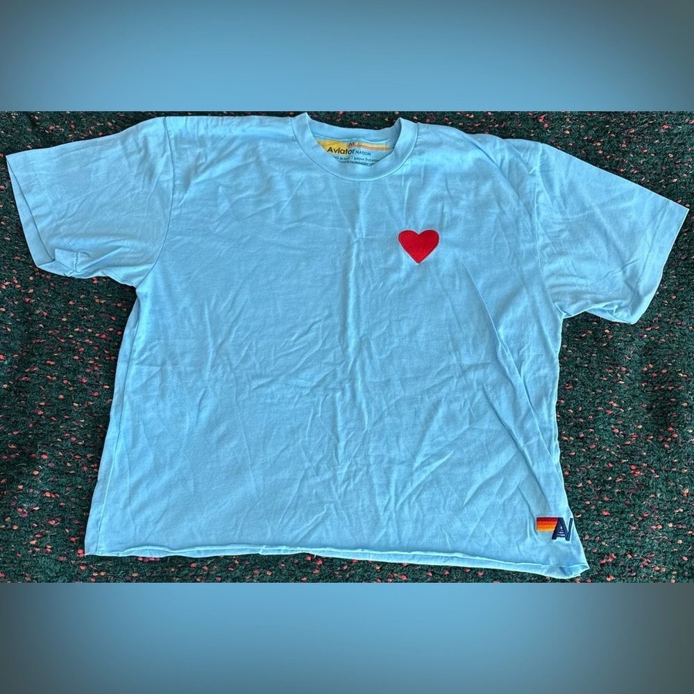 RARE Aviator Nation Heart Tee Blue Rainbow Stripe Boyfriend Tee NWOT M - Picture 9 of 16